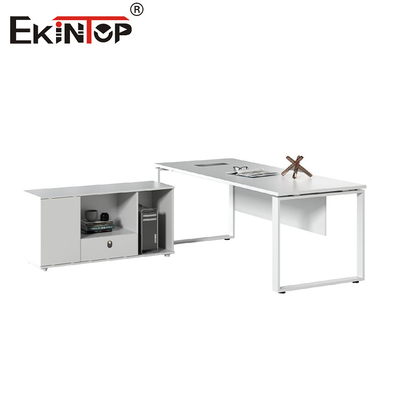 Mesa de escritório branca personalizável com estrutura de metal Mesa de madeira