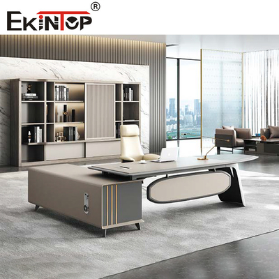 Mesa de escritório domiciliário executiva em forma de L moderna com grande espaço de armazenamento