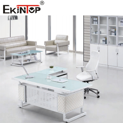 A mesa de vidro executiva dos pés azuis do metal branco lustrou a superfície durável