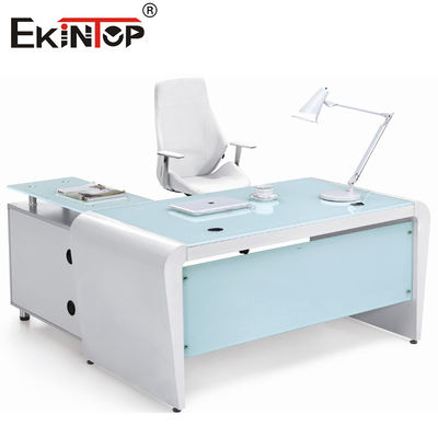 Desktop de vidro azul branco do computador de escritório do retângulo com gavetas e armazenamento