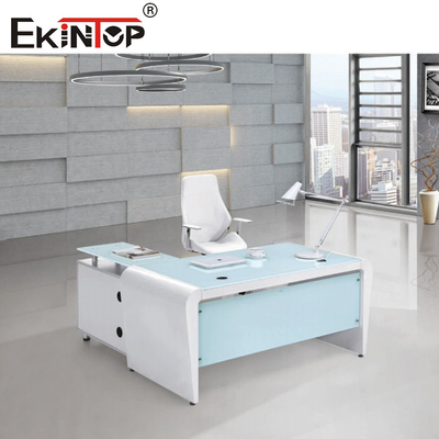 Desktop de vidro azul branco do computador de escritório do retângulo com gavetas e armazenamento