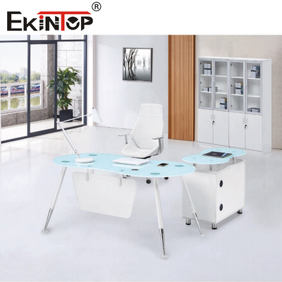 L azul branco CEO Office Glass Desk da forma com superfície lisa do armário