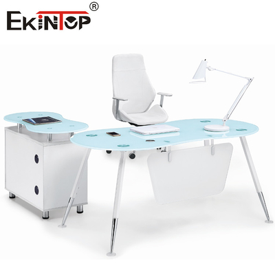 L azul branco CEO Office Glass Desk da forma com superfície lisa do armário
