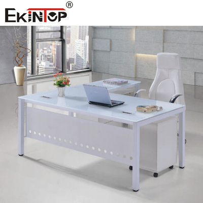 Mesa de vidro azul transparente para edifícios de escritórios com pernas de metal