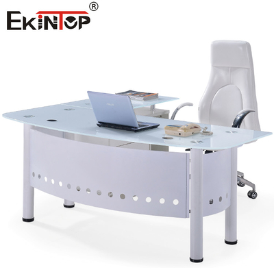 Mesa de vidro azul transparente para edifícios de escritórios com pernas de metal