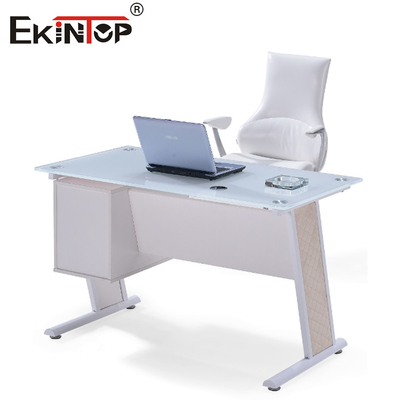 Mesa de escritório de vidro branco azul com gaveta Escritório executivo em casa