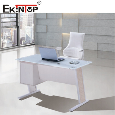 Mesa de escritório de vidro branco azul com gaveta Escritório executivo em casa