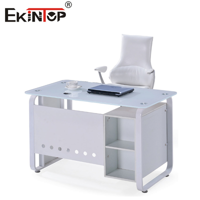 Mesa de escritório de vidro branco azul com gaveta Escritório executivo em casa