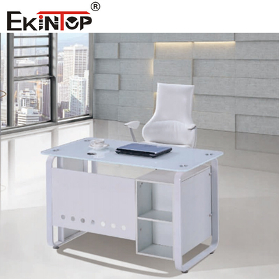 Mesa de escritório de vidro branco azul com gaveta Escritório executivo em casa