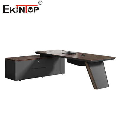 Mesa de escritório de madeira preta estilo comercial com mobiliário de escritório de armário lateral