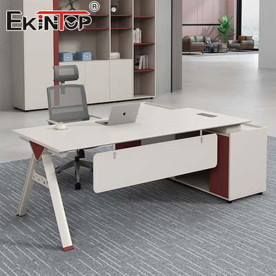 Mesa de escritório minimalista Mesa de madeira de acacia com armário de armazenamento e pernas de metal