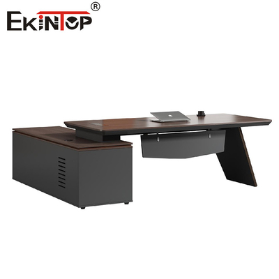 Mesa de escritório de madeira preta estilo comercial com mobiliário de escritório de armário lateral